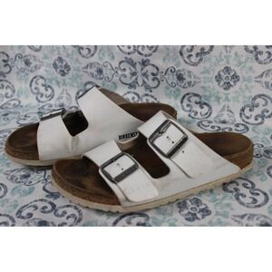 Birkenstock White Leather‎ Two Strap Slide Sandals Women's Comfortable Shoes